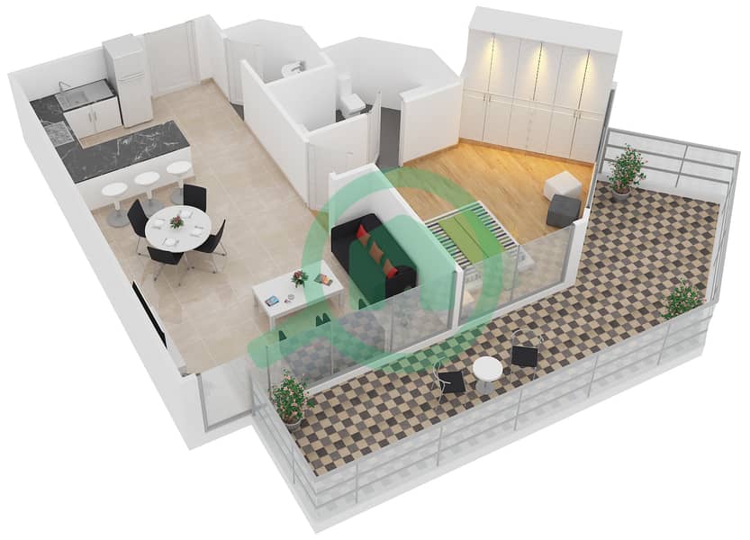 المخططات الطابقية لتصميم النموذج C شقة 1 غرفة نوم - زايا هاميني interactive3D