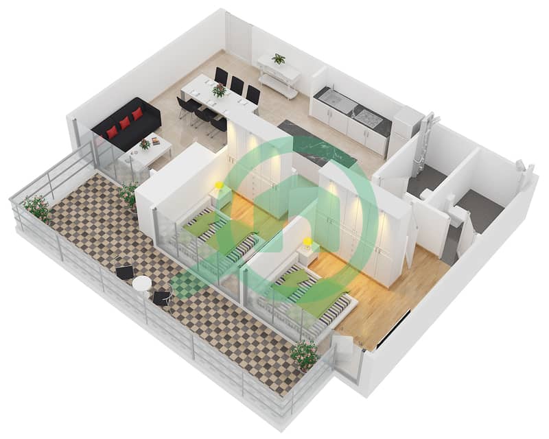 扎亚哈梅尼公寓 - 2 卧室公寓类型A戶型图 Floor 8,9,10,11,13,14,15,16,17,18,19,20,21,23,24,25,27&28. interactive3D