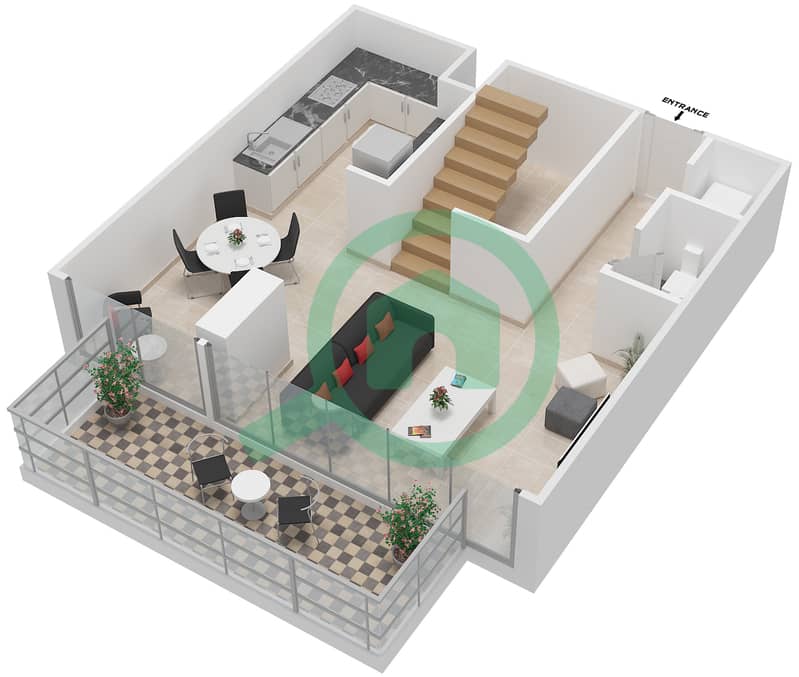 扎亚哈梅尼公寓 - 2 卧室公寓类型A DUPLEX戶型图 Lower Floor interactive3D