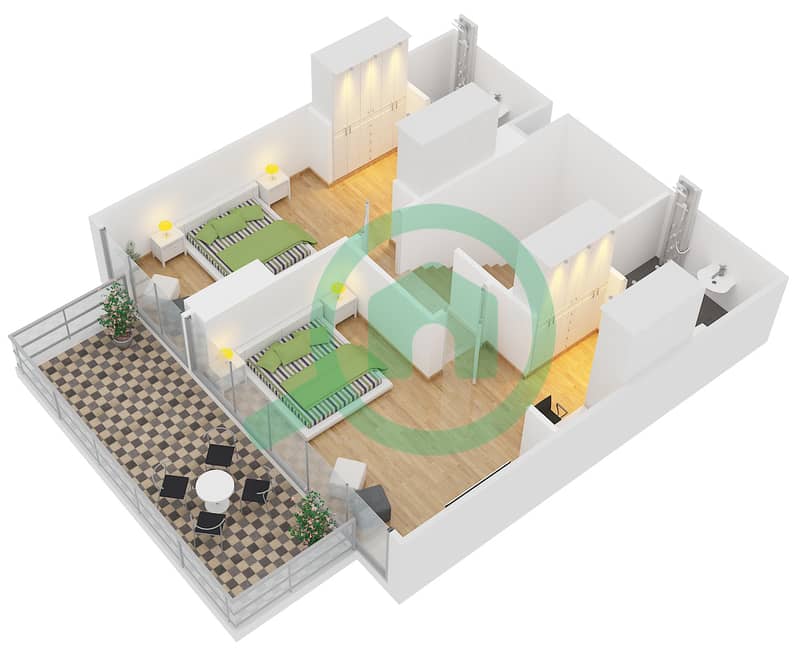 المخططات الطابقية لتصميم النموذج A DUPLEX شقة 2 غرفة نوم - زايا هاميني Upper Floor interactive3D