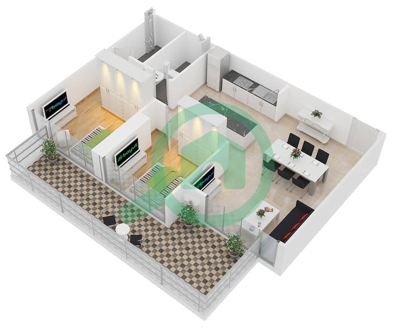 المخططات الطابقية لتصميم النموذج B شقة 2 غرفة نوم - زايا هاميني Floor 10,12,14,16,18,20,22,24 interactive3D