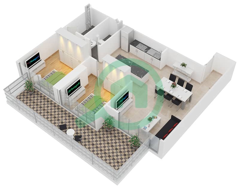 Зайя Хамени - Апартамент 2 Cпальни планировка Тип B1 Floor 8,12,14,16,18,20,22,24 interactive3D