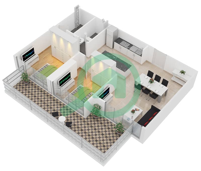 المخططات الطابقية لتصميم النموذج B2 شقة 2 غرفة نوم - زايا هاميني interactive3D