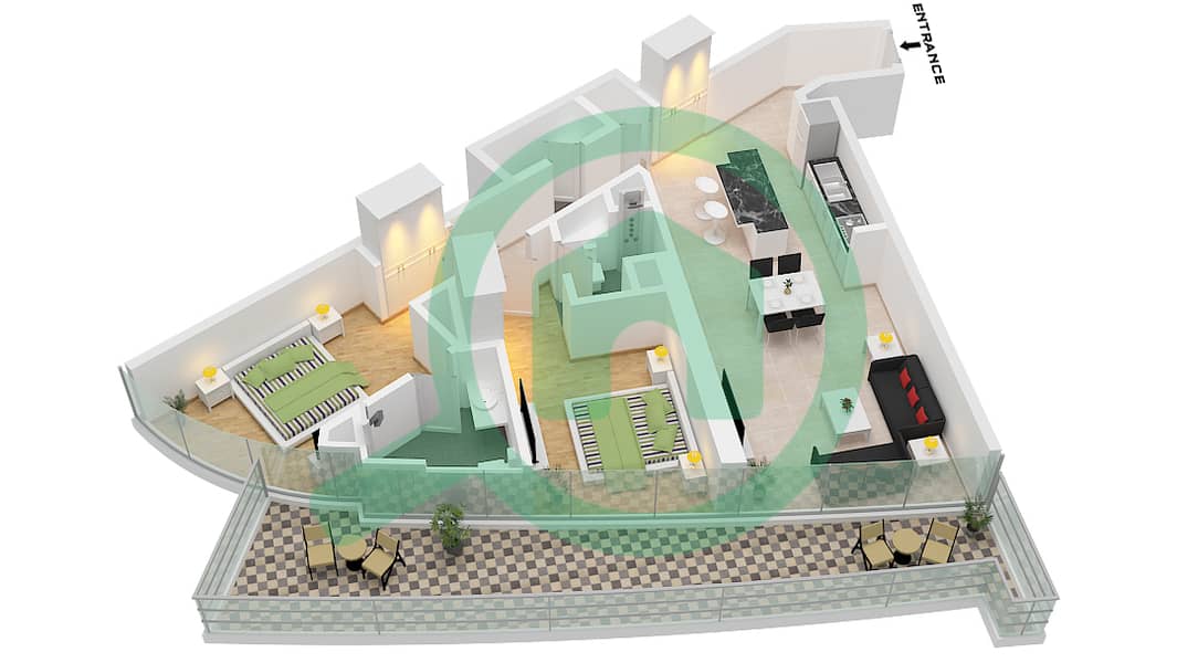 المخططات الطابقية لتصميم النموذج A1-M FLOOR 2 شقة 2 غرفة نوم - كانال هايتس A1-M Floor 2 interactive3D
