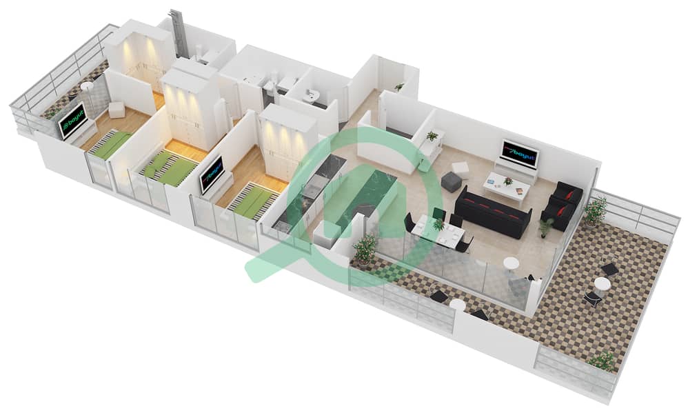 扎亚哈梅尼公寓 - 3 卧室公寓类型A戶型图 Floor 13-25 interactive3D