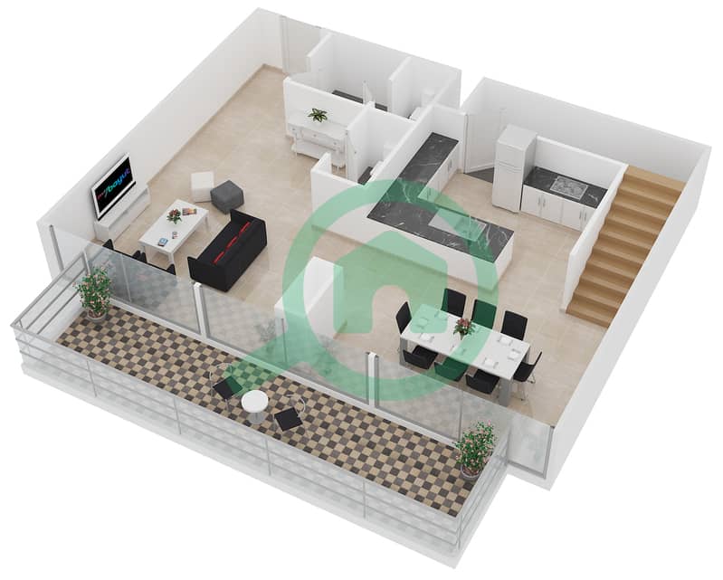 扎亚哈梅尼公寓 - 3 卧室公寓类型DUPLEX A戶型图 Lower Floor interactive3D