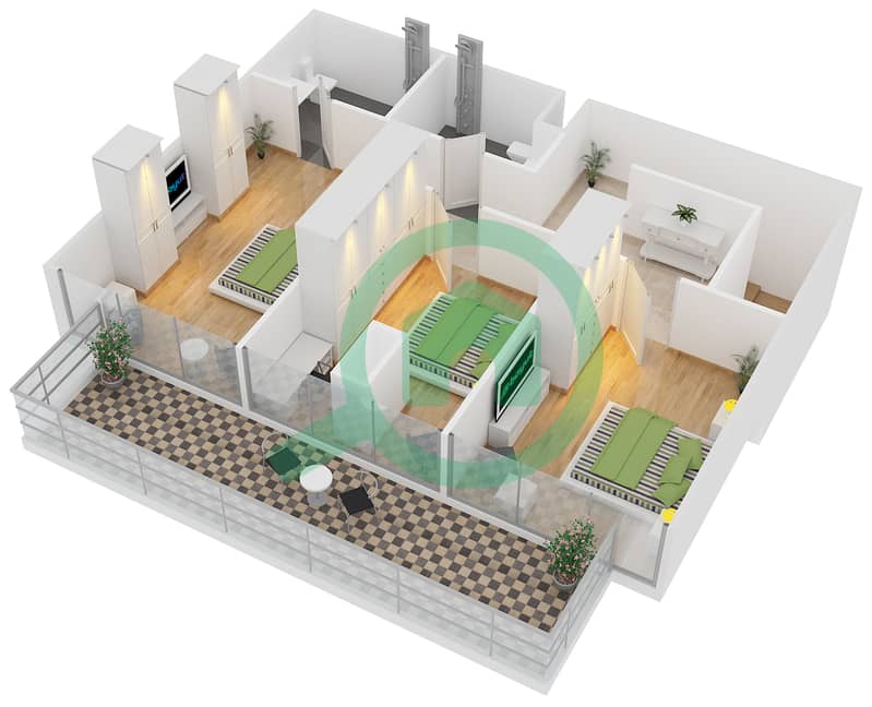 扎亚哈梅尼公寓 - 3 卧室公寓类型DUPLEX A戶型图 Upper Floor interactive3D