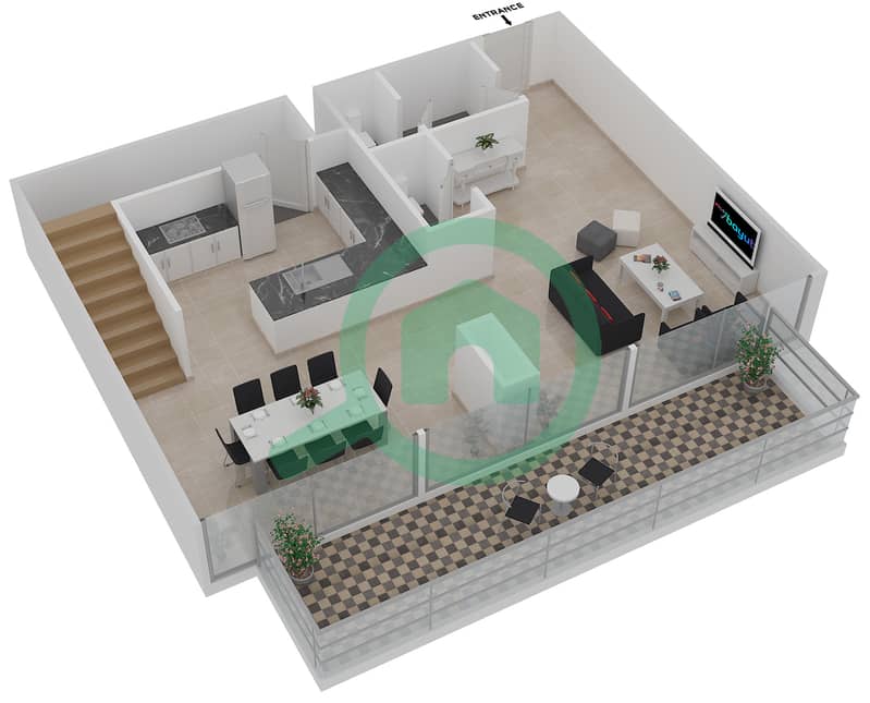 المخططات الطابقية لتصميم النموذج DUPLEX B شقة 3 غرف نوم - زايا هاميني Lower Floor interactive3D