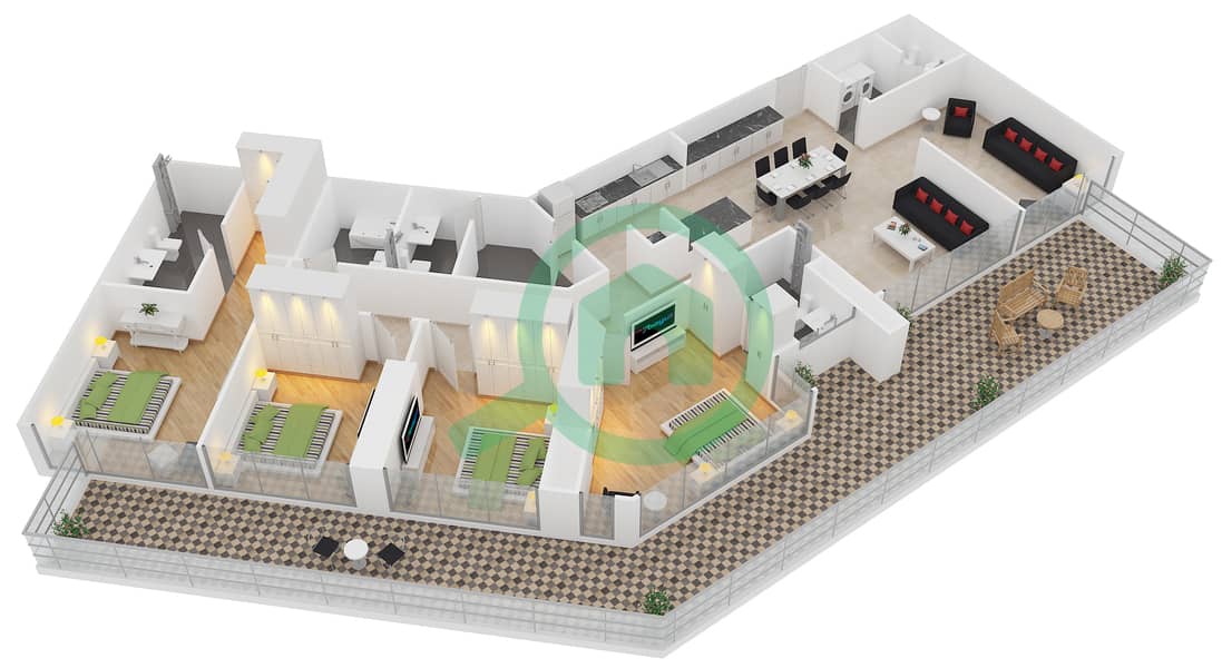 المخططات الطابقية لتصميم النموذج A شقة 4 غرف نوم - زايا هاميني Floor 13-25,27 interactive3D
