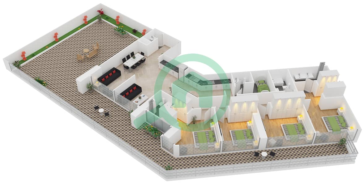 扎亚哈梅尼公寓 - 4 卧室公寓类型A1戶型图 interactive3D