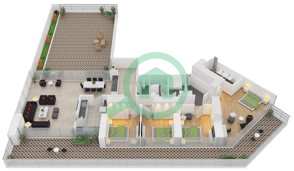 扎亚哈梅尼公寓 - 4 卧室公寓类型D戶型图 interactive3D