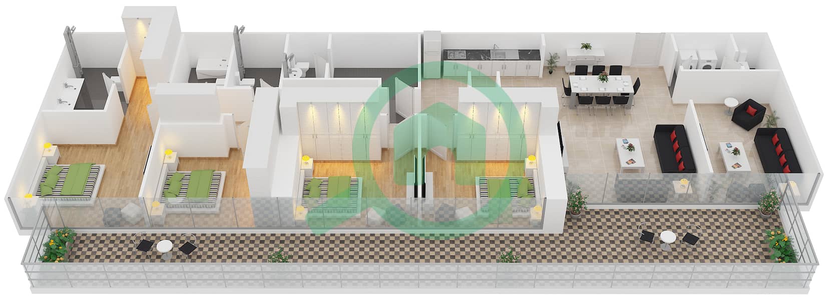 Зайя Хамени - Апартамент 4 Cпальни планировка Тип E interactive3D