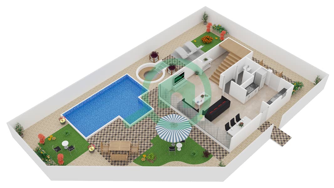 المخططات الطابقية لتصميم النموذج A, A1, A2, A3 فیلا 2 غرفة نوم - زايا هاميني Lower Floor interactive3D