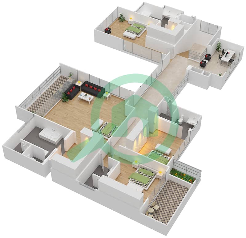 Нест - Вилла 4 Cпальни планировка Тип A2-L First Floor interactive3D