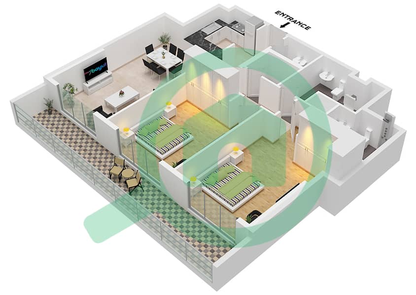 المخططات الطابقية لتصميم الوحدة UNIT 6 FLOOR 1 شقة 2 غرفة نوم - برج ليليوم unit 6 Floor 1 interactive3D