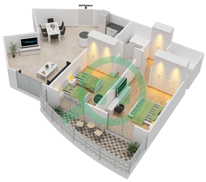 المخططات الطابقية لتصميم النموذج F شقة 2 غرفة نوم - قوس السيليكون interactive3D