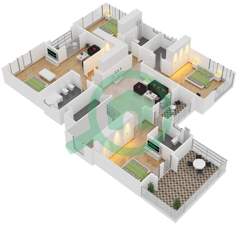 المخططات الطابقية لتصميم النموذج A فیلا 5 غرف نوم - نسيم First Floor interactive3D