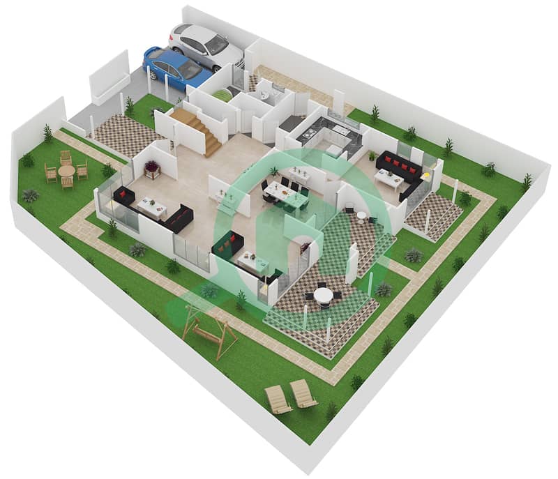 المخططات الطابقية لتصميم النموذج A فیلا 3 غرف نوم - نسيم Ground Floor interactive3D