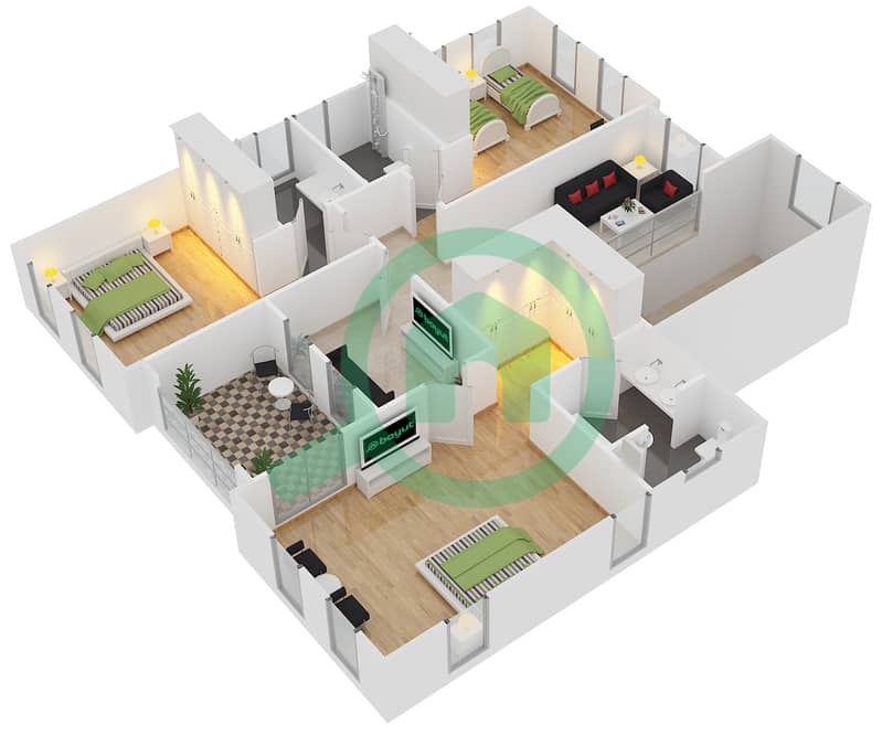 纳西姆别墅区 - 3 卧室别墅类型A戶型图 First Floor interactive3D