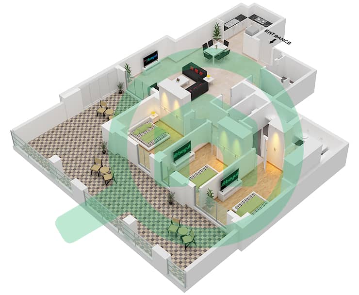 格罗夫公寓 - 3 卧室公寓单位M02 FLOOR M BUILDING 3戶型图 Unit M02 Floor M Building 3 interactive3D