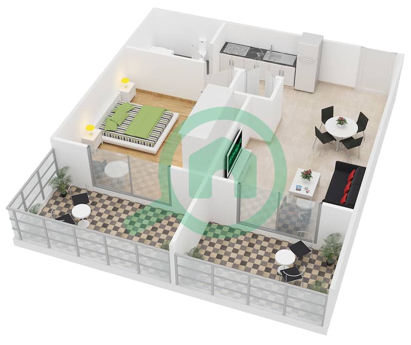 钻石景观III大楼 - 1 卧室公寓类型17戶型图 Floor 4 interactive3D