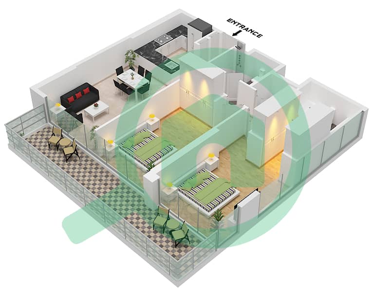 Naya at District One - 2 Bedroom Apartment Unit 2 FLOOR 2,3-13,14-18 Floor plan Unit 2 Floor 2,3-13,14-18 interactive3D