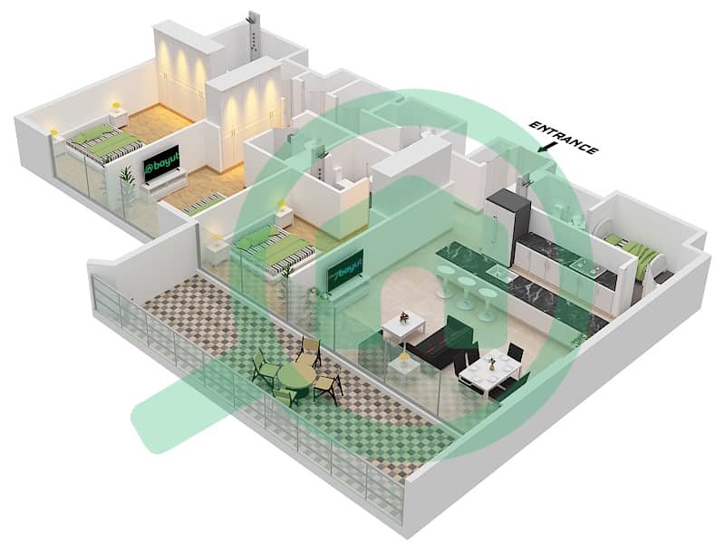 المخططات الطابقية لتصميم الوحدة 1 GROUND FLOOR شقة 3 غرف نوم - نايا في ديستريكت ون Unit 1 Ground Floor interactive3D