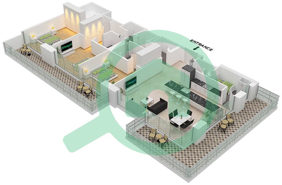 المخططات الطابقية لتصميم الوحدة 3 FLOOR 1 شقة 3 غرف نوم - نايا في ديستريكت ون Unit 3 Floor 1 interactive3D