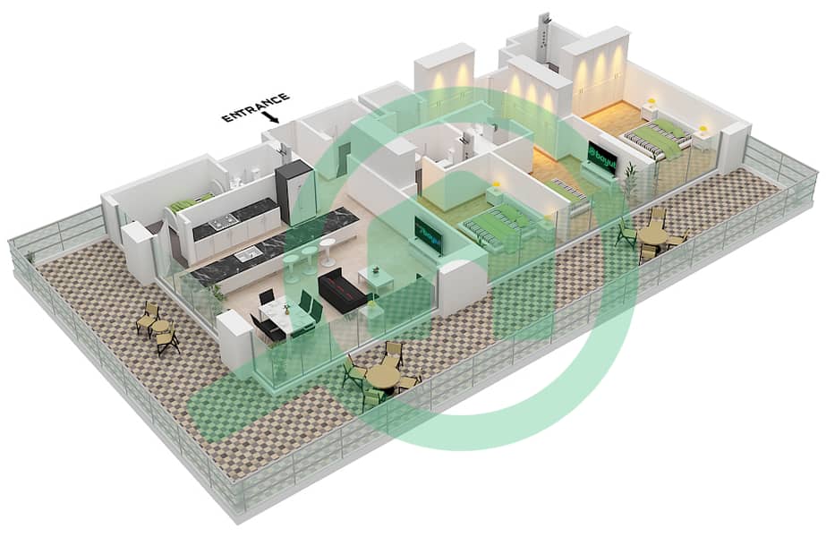 المخططات الطابقية لتصميم الوحدة 3 GROUND FLOOR شقة 3 غرف نوم - نايا في ديستريكت ون Unit 3 Ground Floor interactive3D