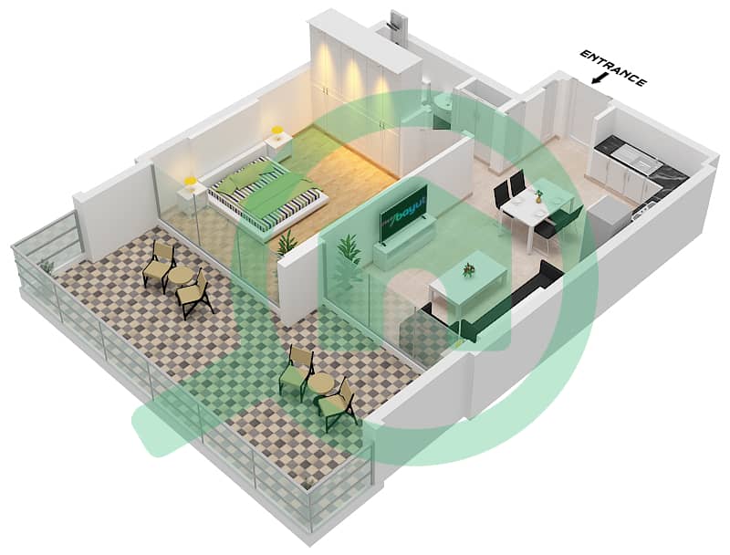 المخططات الطابقية لتصميم النموذج 1A FLOOR 1 شقة 1 غرفة نوم - عزيزي ريفييرا 23 Floor 1 interactive3D