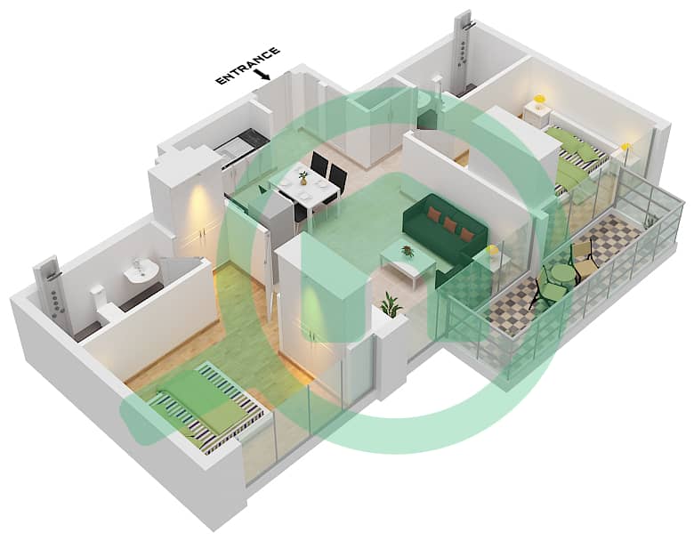 阿齐兹里维埃拉23号楼 - 2 卧室公寓类型1 FLOOR 2-10戶型图 Floor 2-10 interactive3D