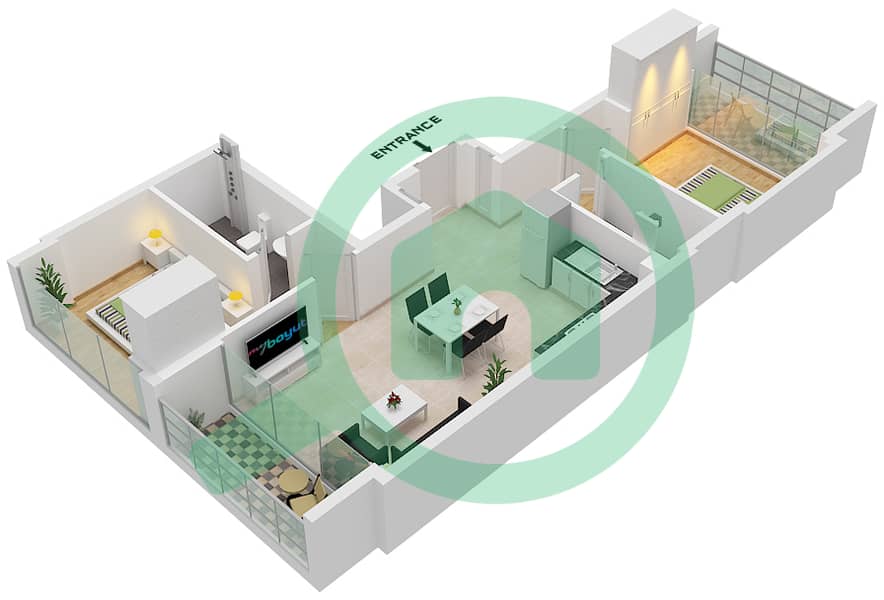 阿齐兹里维埃拉23号楼 - 2 卧室公寓类型2 FLOOR 2-10戶型图 Floor 2-10 interactive3D