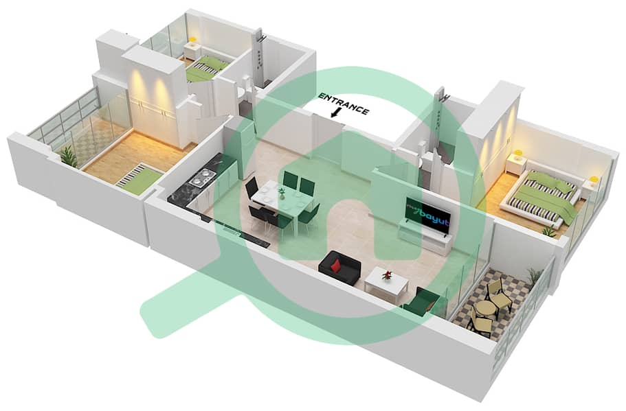 阿齐兹里维埃拉23号楼 - 3 卧室公寓类型1 FLOOR 2-10戶型图 Floor 2-10 interactive3D