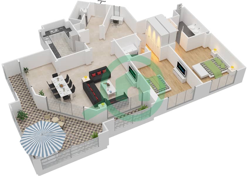 Attareen - 2 Bedroom Apartment Unit 6216 Floor plan interactive3D