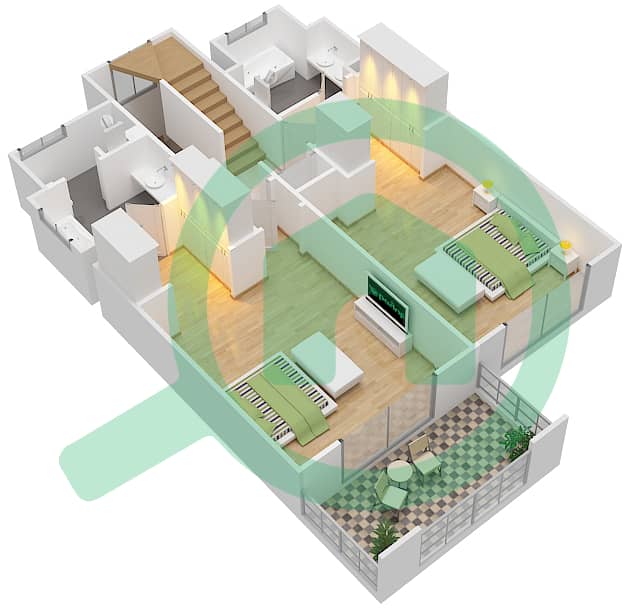 المخططات الطابقية لتصميم الوحدة 2232 شقة 2 غرفة نوم - عطارين interactive3D