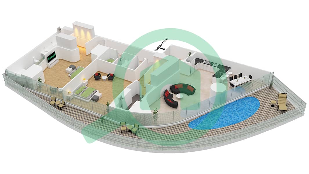 المخططات الطابقية لتصميم الوحدة 207 FLOOR 2 شقة 2 غرفة نوم - بوجاتي ريزيدنس من بن غاطي Floor 2 interactive3D