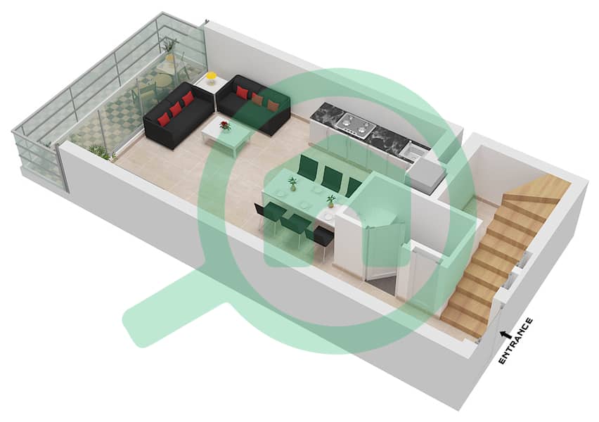 المخططات الطابقية لتصميم النموذج B DUPLEX شقة 3 غرف نوم - بيرلا 1 Ground Floor interactive3D