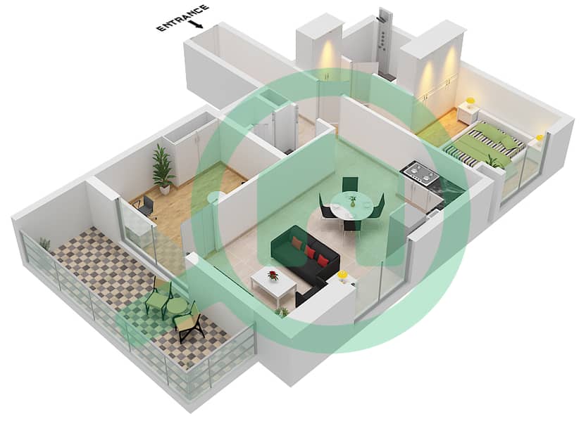 المخططات الطابقية لتصميم النموذج / الوحدة B / UNIT 2 FLOOR 5,7 شقة 1 غرفة نوم - سكن RA1N Type B Unit 2 Floor 5,7-8,10-11,13-14,16-17,19-20,22-23 interactive3D
