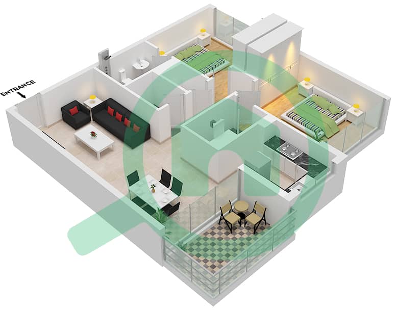 المخططات الطابقية لتصميم النموذج 01 شقة 2 غرفة نوم - كيوتو من ORO24 interactive3D