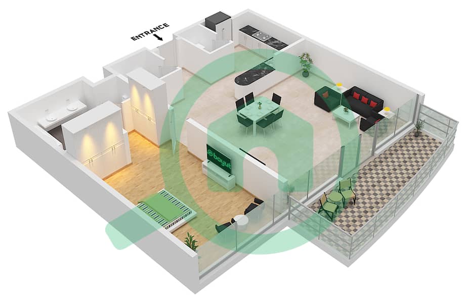المخططات الطابقية لتصميم الوحدة 303 FLOOR 3 شقة 1 غرفة نوم - روبي Unit 303 Floor 3 interactive3D