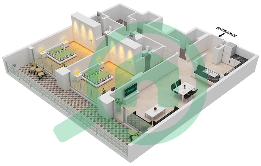 المخططات الطابقية لتصميم الوحدة 2 شقة 2 غرفة نوم - المنخول interactive3D