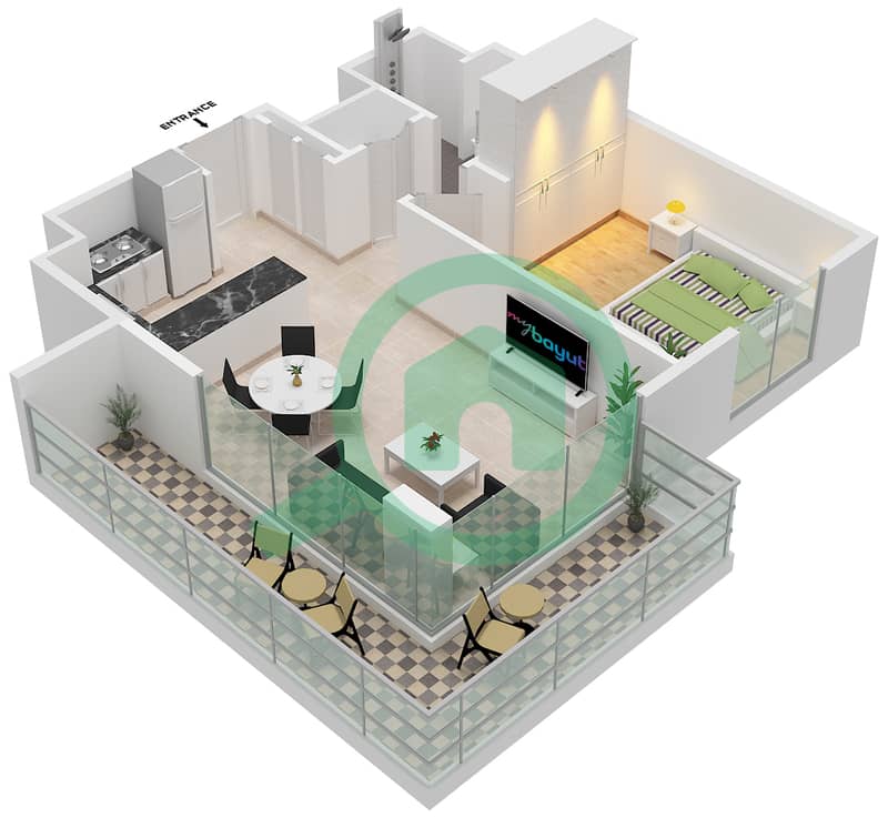 المخططات الطابقية لتصميم النموذج / الوحدة 1B / UNIT 2 FLOOR 1-9 شقة 1 غرفة نوم - بناية إلارا 2 1B / Unit 2 Floor 1-9 interactive3D