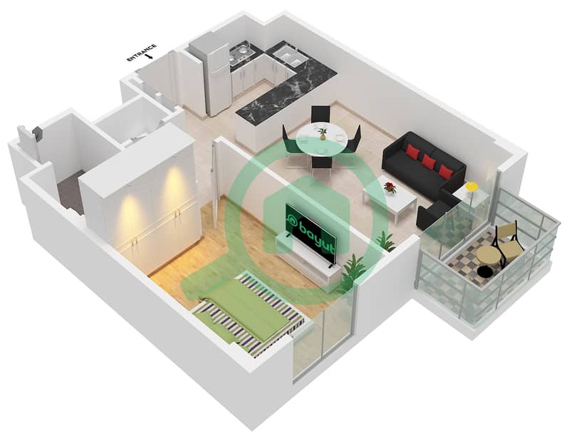 埃拉拉2号楼 - 1 卧室公寓类型／单位1A / UNIT 4 FLOOR 1-9戶型图 1A / Unit 4 Floor 1-9 interactive3D