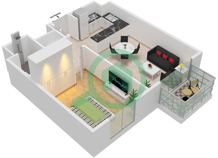 埃拉拉2号楼 - 1 卧室公寓类型／单位1A / UNIT 5,7 FLOOR 1-9戶型图 1A / Unit 5,7 Floor 1-9 interactive3D
