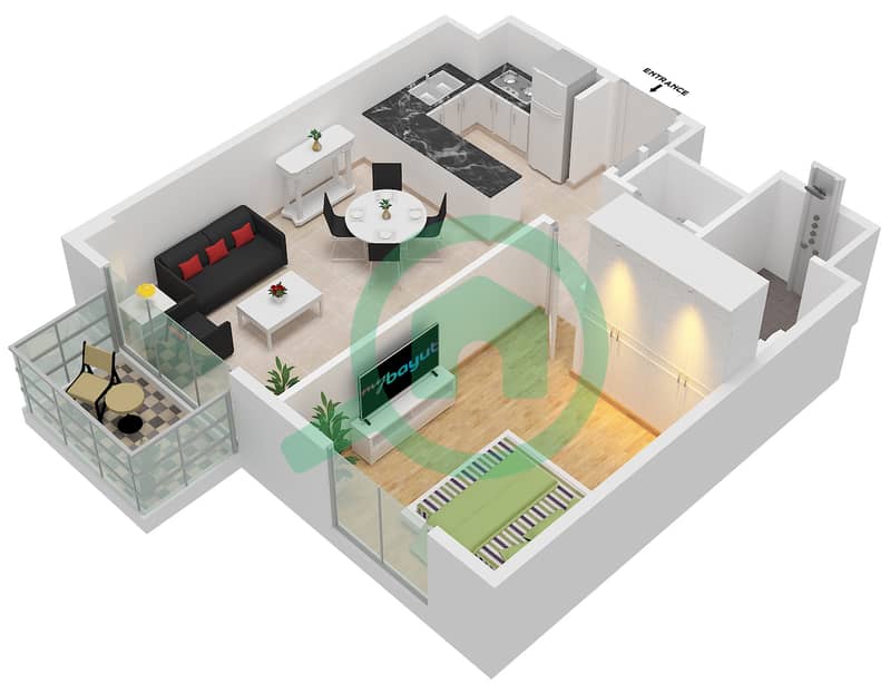 埃拉拉2号楼 - 1 卧室公寓类型／单位1A / UNIT 1 FLOOR 1-9戶型图 1A / Unit 1 Floor 1-9 interactive3D