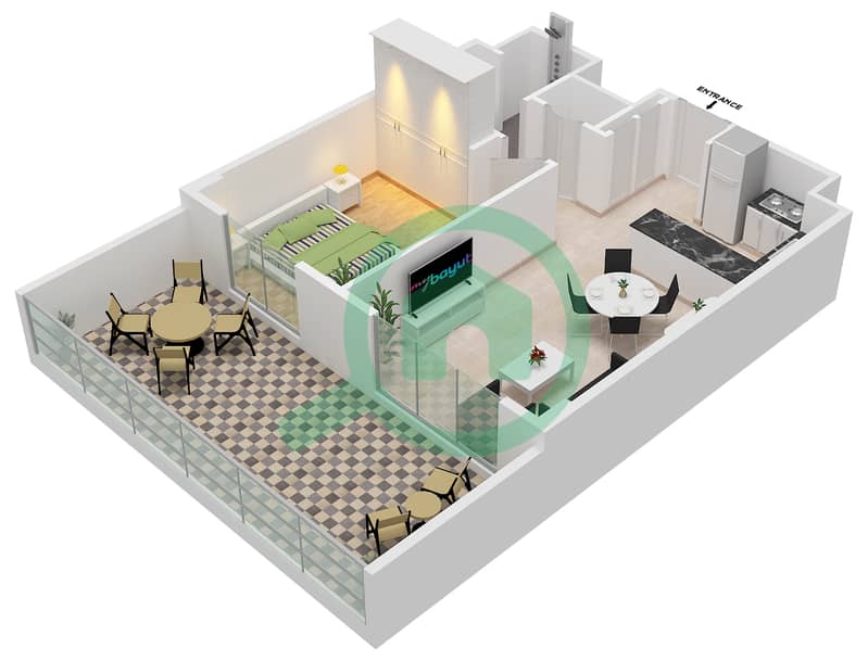 المخططات الطابقية لتصميم النموذج / الوحدة 1D / UNIT 2 FLOOR GROUND شقة 1 غرفة نوم - بناية إلارا 2 1D / Unit 2 Floor Ground interactive3D
