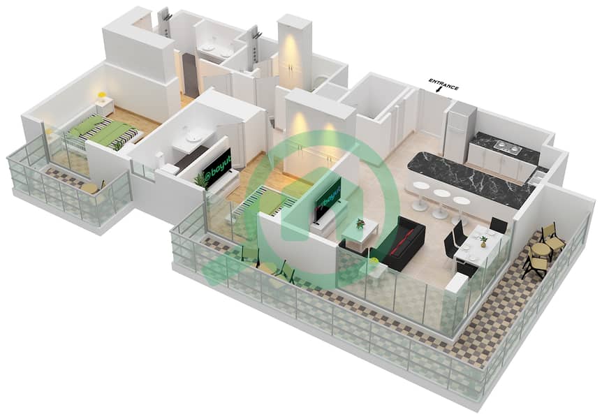埃拉拉2号楼 - 2 卧室公寓类型／单位2D / UNIT 3 FLOOR 1-9戶型图 2D / Unit 3 Floor 1-9 interactive3D