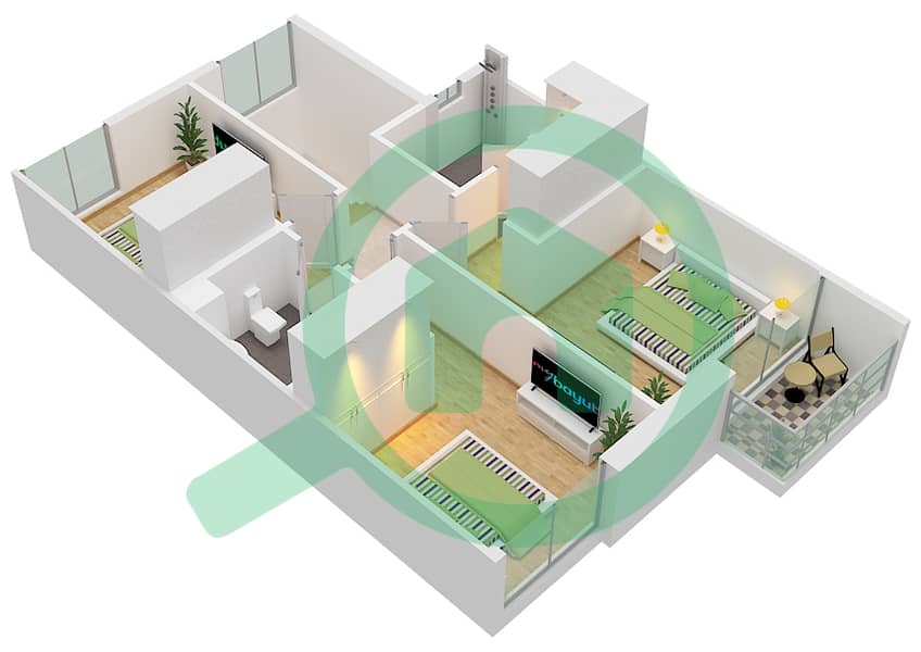 المخططات الطابقية لتصميم النموذج / الوحدة 3M-2 / UNIT MID تاون هاوس 3 غرف نوم - لاروزا 3 First Floor interactive3D