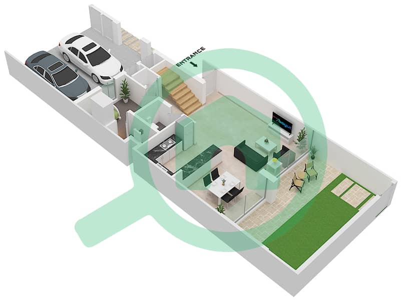 المخططات الطابقية لتصميم النموذج / الوحدة 3M / UNIT MID (MIRRORED) تاون هاوس 3 غرف نوم - لاروزا 4 Ground Floor interactive3D