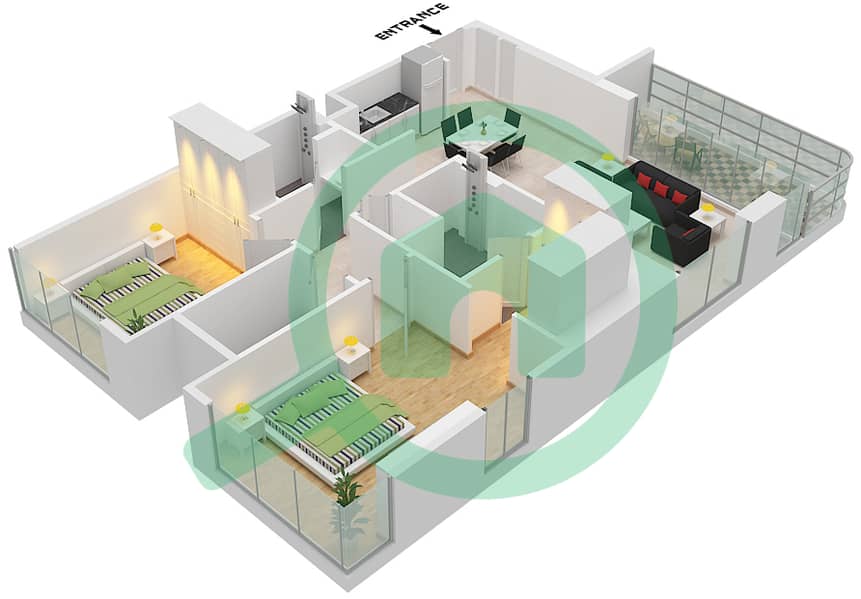 المخططات الطابقية لتصميم النموذج / الوحدة 2 / UNIT 8 BUILDING 2 شقة 2 غرفة نوم - العنوان رزيدنسز Type 2 / Unit 8 Floor 3-22 Building 2 interactive3D